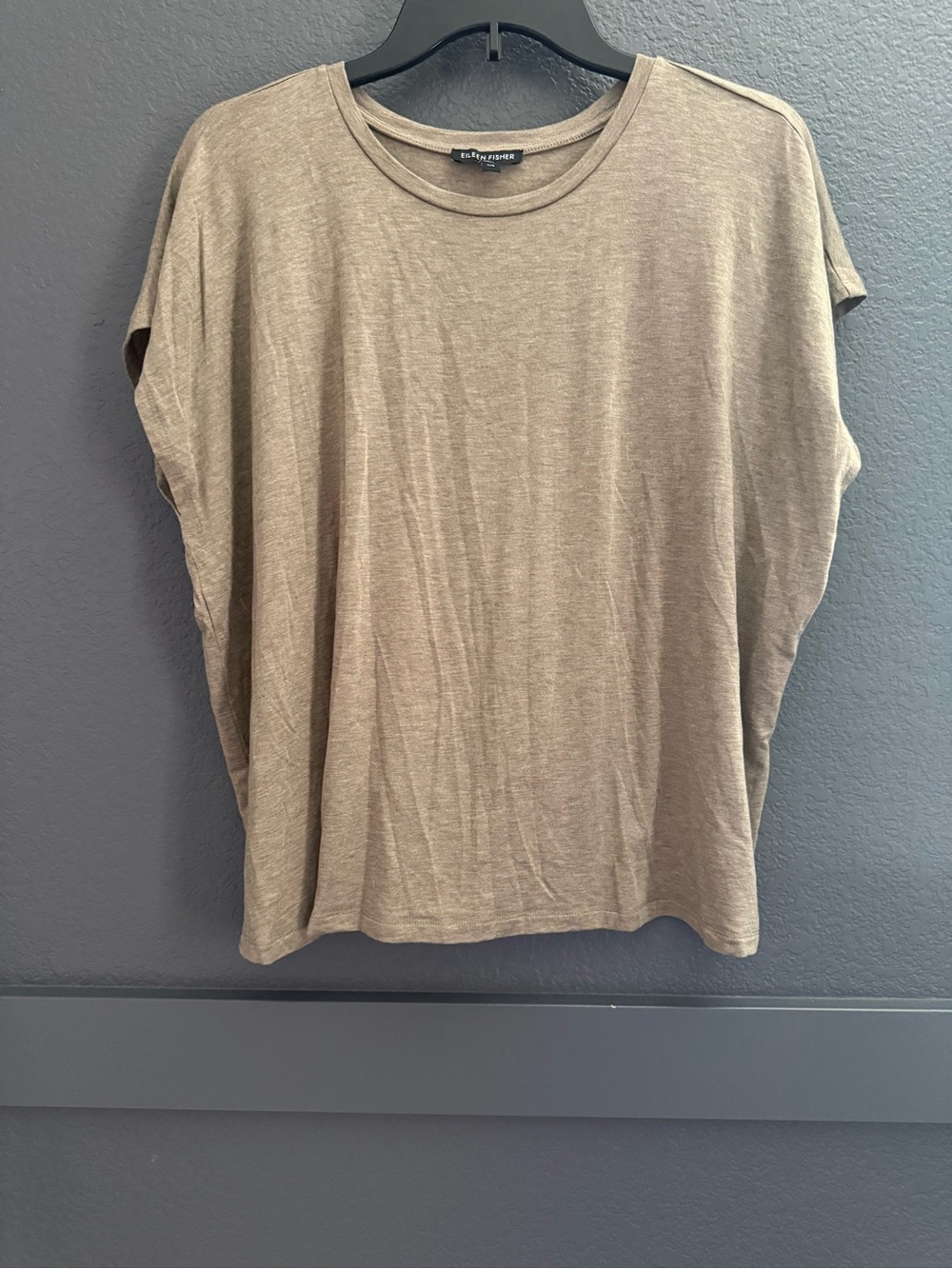 EILEEN FISHER • Fine Jersey Square Top short sleeve relaxed taupe brown Large